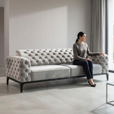 Dräisëtzer Sofa 3 Sëtzer Sofas Stoff Wäiss Wunnzëmmer Chesterfield Nei