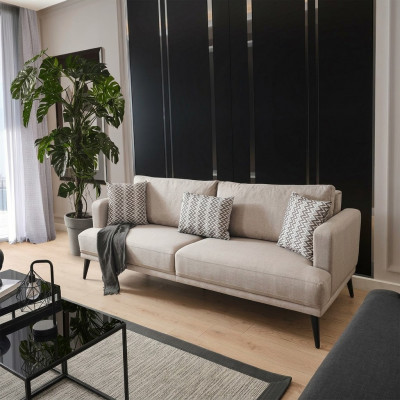 Dräisëtzer Stoff Sofa Beige modern Design Wunnzëmmer.