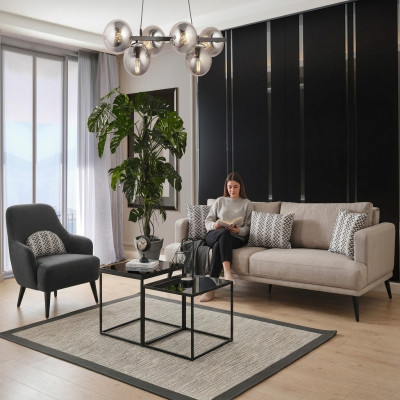 Sofasett Sofa 3 Sëtzer Fotell Stoff Beige Modern Polyester Set