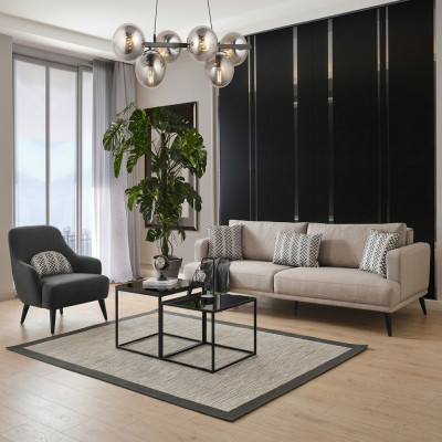 Sofasett Sofa 3 Sëtzer Fotell Stoff Beige Modern Polyester Set