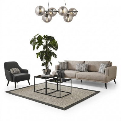 Sofasett Sofa 3 Sëtzer Fotell Stoff Beige Modern Polyester Set