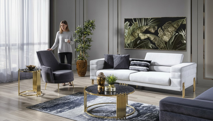 Luxus Sofagarnitur Sofa 4 Sëtz Sessel Stoff Modern Wäiss Modern Set