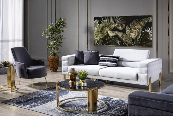 Luxus Sofagarnitur Sofa 4 Sëtz Sessel Stoff Modern Wäiss Modern Set
