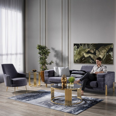 Luxus Canapé-Set Sofa 3 Sëtzer Sessell Stoff Modern Gro Modern Set