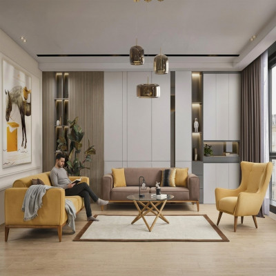 Canapé-Set Komplett Sofa 431-Sëtzer Fotell Stoft Giel Set 3-Teileg Nei