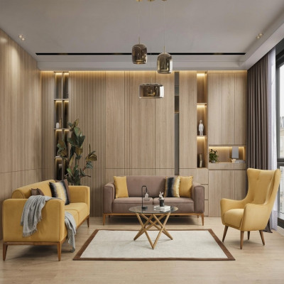 Canapé-Set Komplett Sofa 431-Sëtzer Fotell Stoft Giel Set 3-Teileg Nei