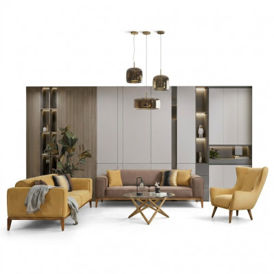 Canapé-Set Komplett Sofa 431-Sëtzer Fotell Stoft Giel Set 3-Teileg Nei