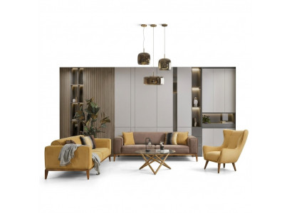 Canapé-Set Komplett Sofa 431-Sëtzer Fotell Stoft Giel Set 3-Teileg Nei