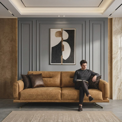 Dreisëtzer Sofa 3 Sëtzer Sofas Braun Kënschtleer Wunnzëmmer Luxus Sëtz
