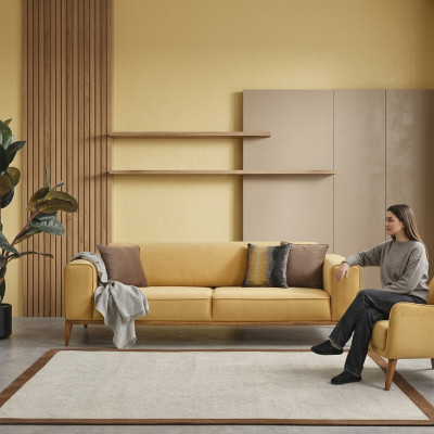 Däisëtzer Sofa 3 Sëtzer Sofas Stoff Giel Wunnzëmmer Luxus Modern Sëtz