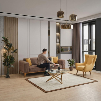 Sofagarnitur Sofa 4 Sëtzer Fotell Giel Stoft Braun Modern Véiersëtzer