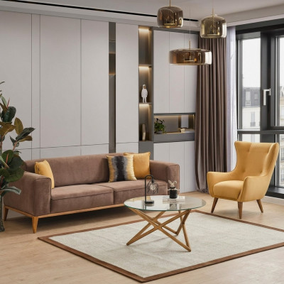 Sofagarnitur Sofa 4 Sëtzer Fotell Giel Stoft Braun Modern Véiersëtzer