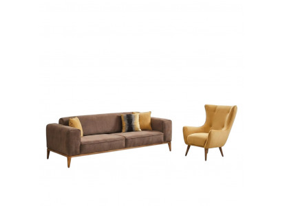 Sofagarnitur Sofa 4 Sëtzer Fotell Giel Stoft Braun Modern Véiersëtzer