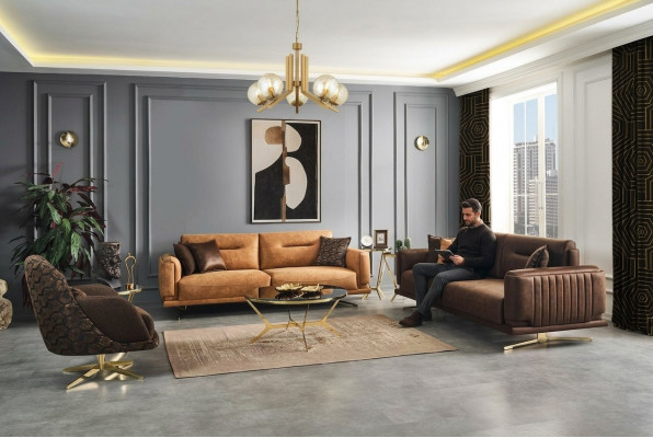 Sofa-Garnitur Komplett Sofa 431 Sëtz Fotell Konschtlieder Braun Set 3-Deels.