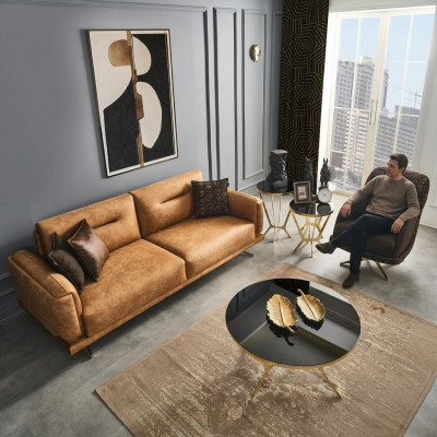 Sofagarnitur Vollstänneg Sofa 3+1 Sëtz Sessell Kënschtlekt Lieder Brong Set 2stéckeg