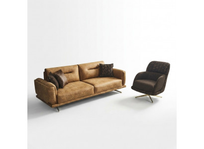 Sofagarnitur Vollstänneg Sofa 3+1 Sëtz Sessell Kënschtlekt Lieder Brong Set 2stéckeg