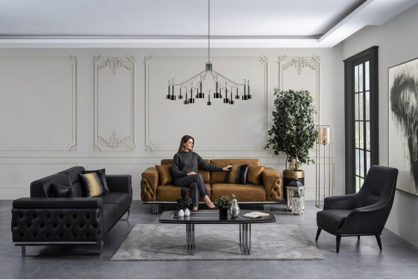 Chesterfield Sofa Garnitur Sofa 431 Sëtzer Kënschtlechem Lieder Sofaen Schwaarz