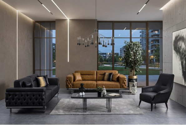 Chesterfield Sofa Garnitur Sofa 431 Sëtzer Kënschtlechem Lieder Sofaen Schwaarz