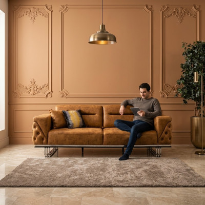 Viersëtzer Sofa 4 Sëtzer Sofas Konschtlieder Braun Wunnzëmmer Luxus