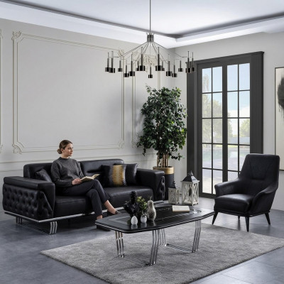 Sofagarnitur Komplette Sofa 41 Sëtz Fotel Kënschtlecht Lieder Schwaarz Set 2-Deel.