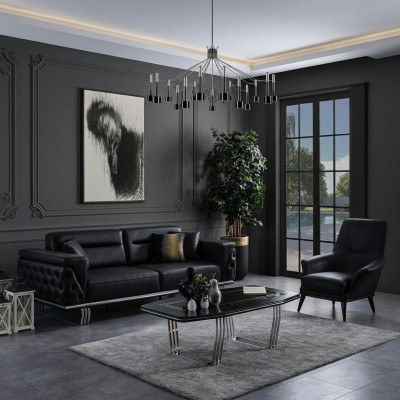 Sofagarnitur Komplette Sofa 41 Sëtz Fotel Kënschtlecht Lieder Schwaarz Set 2-Deel.