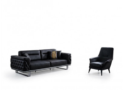 Sofagarnitur Komplette Sofa 41 Sëtz Fotel Kënschtlecht Lieder Schwaarz Set 2-Deel.