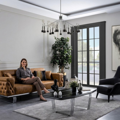 Kanapé-Set Komplett Sofa 3+1 Sëtz Fotelli Kënschtledert Braun Set 2tlg