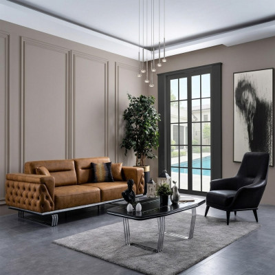 Kanapé-Set Komplett Sofa 3+1 Sëtz Fotelli Kënschtledert Braun Set 2tlg