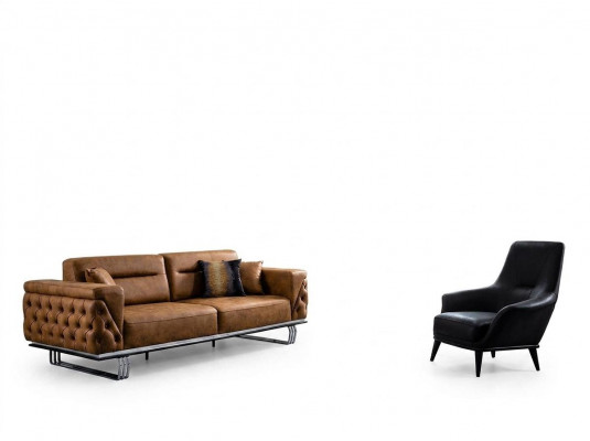 Kanapé-Set Komplett Sofa 3+1 Sëtz Fotelli Kënschtledert Braun Set 2tlg