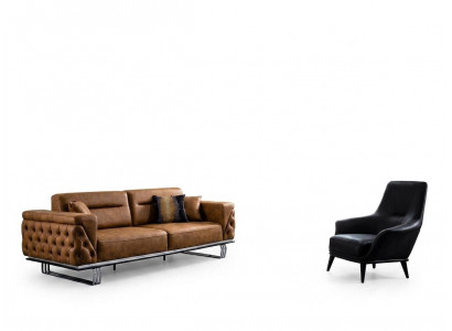 Kanapé-Set Komplett Sofa 3+1 Sëtz Fotelli Kënschtledert Braun Set 2tlg