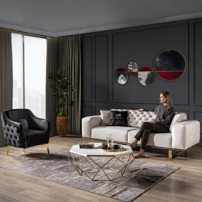 Chesterfield Canapé-Set Sofa 3+1 Sëtzer Sesselle Stoff Luxus Wäiss Canapéen