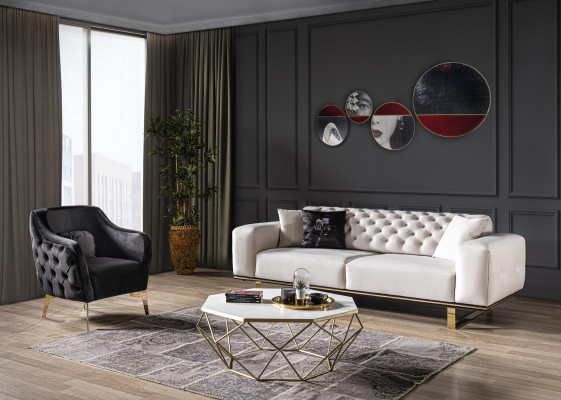 Chesterfield Canapé-Set Sofa 3+1 Sëtzer Sesselle Stoff Luxus Wäiss Canapéen