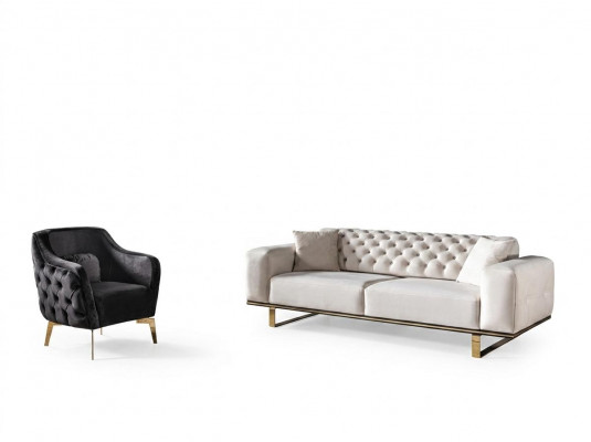 Chesterfield Canapé-Set Sofa 3+1 Sëtzer Sesselle Stoff Luxus Wäiss Canapéen
