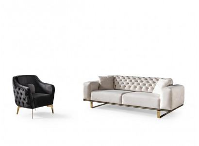 Chesterfield Canapé-Set Sofa 3+1 Sëtzer Sesselle Stoff Luxus Wäiss Canapéen