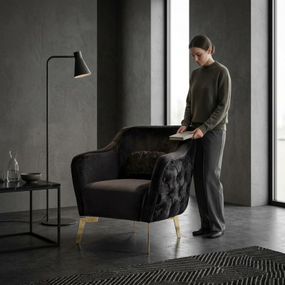 Chesterfield-Ohrensessel Stoff Wunnzëmmer Polyester Schwaarz