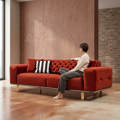 Dreisëtzer Chesterfield Sofa 3 Sëtzer Sofas Rout Stoff Wunnzëmmer Luxus