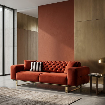 Dreisëtzer Chesterfield Sofa 3 Sëtzer Sofas Rout Stoff Wunnzëmmer Luxus
