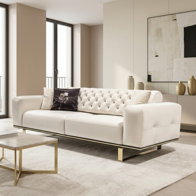 Dreisitzer Chesterfield Sofa 3 Sëtz Sofas Wäiss Stoff Wunnzëmmer Luxus