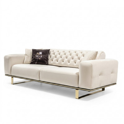 Dreisitzer Chesterfield Sofa 3 Sëtz Sofas Wäiss Stoff Wunnzëmmer Luxus
