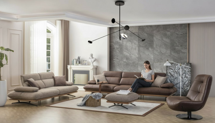 Sofagarnitur Sofa 4+3+1 Sëtzer Sessell Luxus Kënschtlech Lieder Bruin Grupp