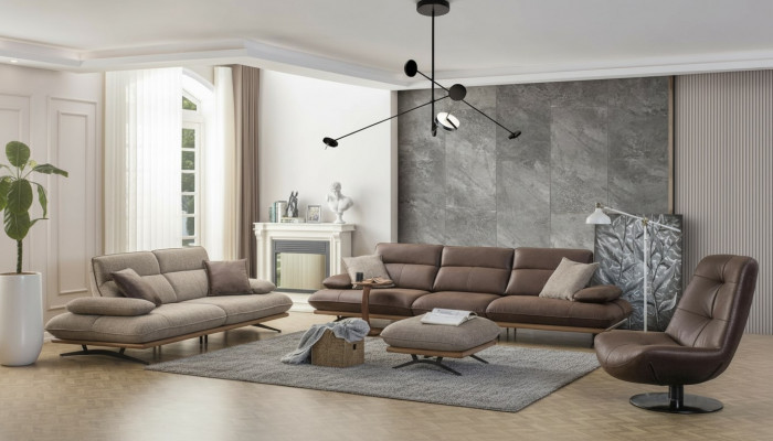 Sofagarnitur Sofa 4+3+1 Sëtzer Sessell Luxus Kënschtlech Lieder Bruin Grupp
