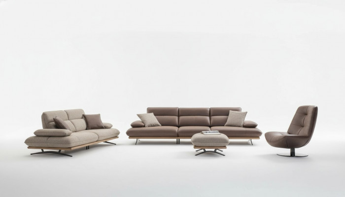 Sofagarnitur Sofa 4+3+1 Sëtzer Sessell Luxus Kënschtlech Lieder Bruin Grupp