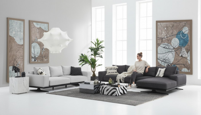 Soffagarnitur Ecksofa L-Form Zwee-Sëtzer Sëtz Sëtz-a-Stoff Grau 3tlg