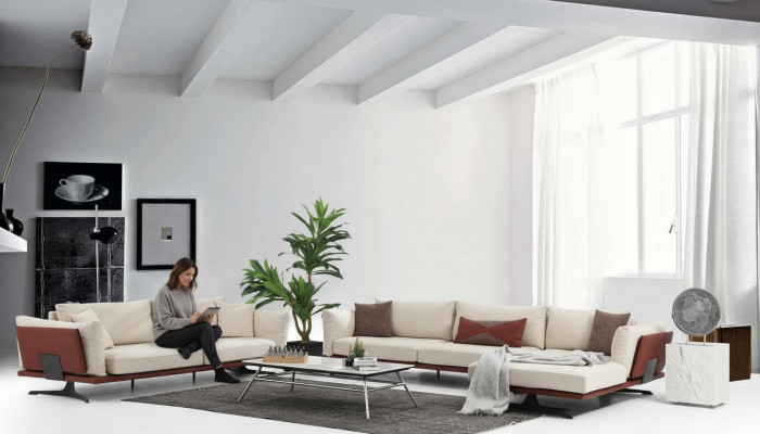 Sofagarnitur Ecksofa L-Form 2 Sëtzer Beige Modern Stoff Sofaren Set Eck.
