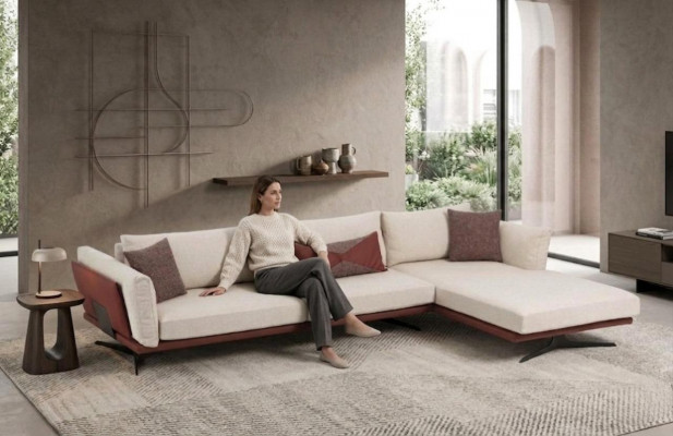 Eckcouch L-Form Beige Modern Stoff Design Wunnzëmmer Canapé Polyester