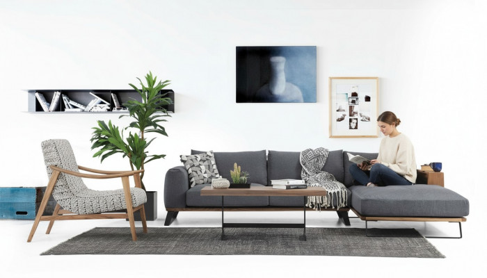 Wunnzëmmer Eckskaff L-Form Sofagarnitur Stoff Grau Modern Design