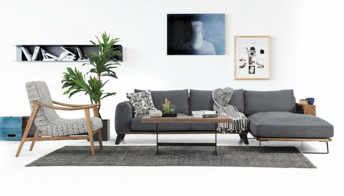 Wunnzëmmer Eckskaff L-Form Sofagarnitur Stoff Grau Modern Design