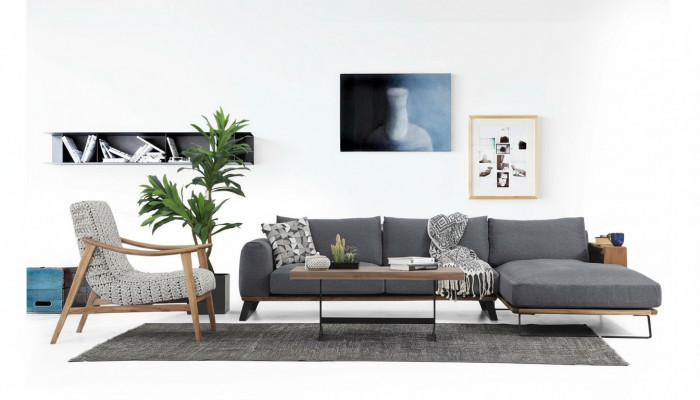 Wunnzëmmer Eckskaff L-Form Sofagarnitur Stoff Grau Modern Design