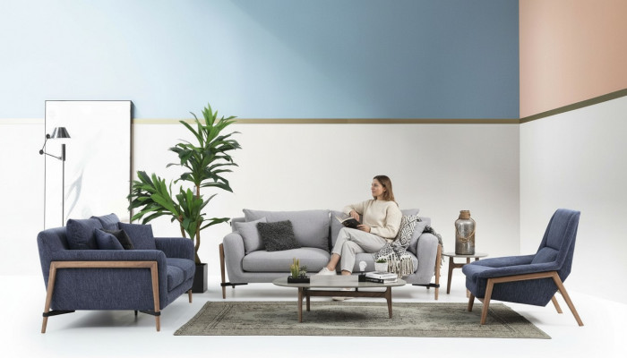 Komplett Canapé-Set Sofaset Sofa 321 Sëtzer Stoff Set Blo