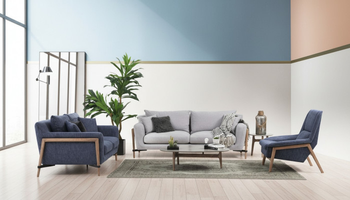 Komplett Canapé-Set Sofaset Sofa 321 Sëtzer Stoff Set Blo